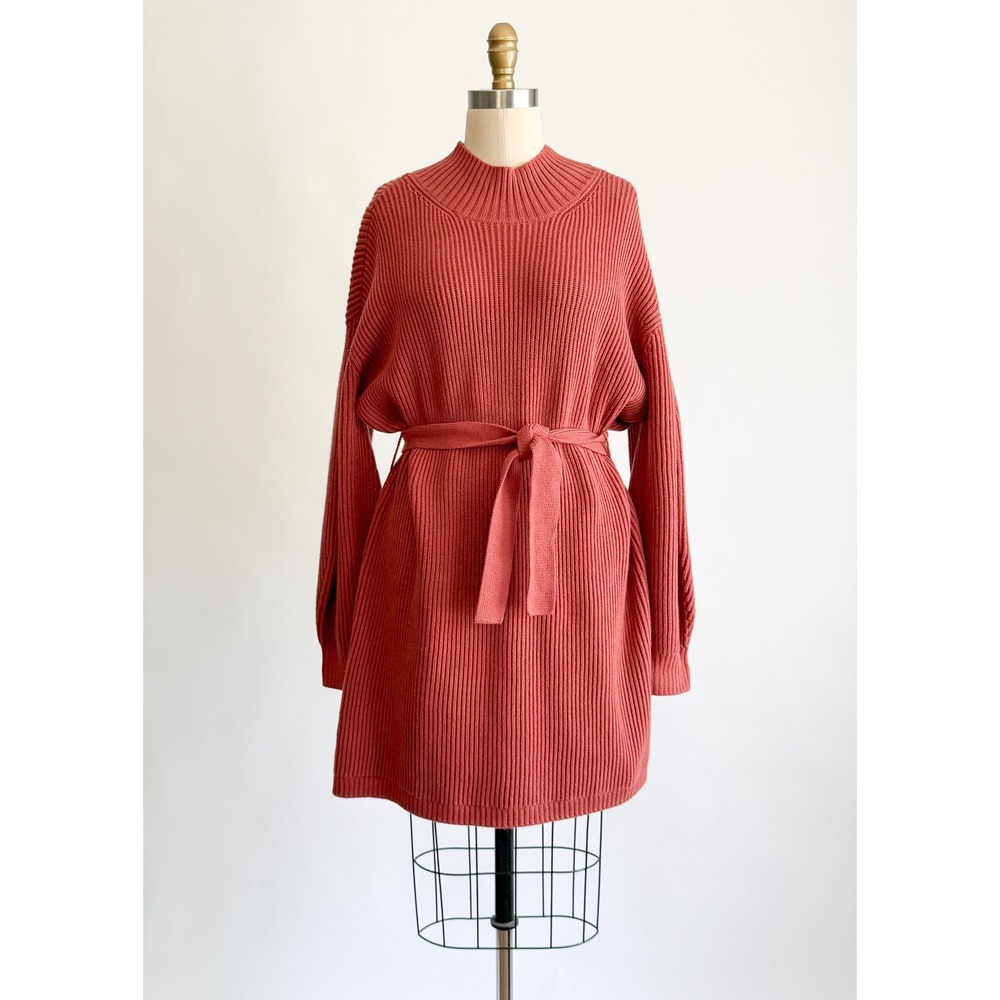 Maeve Anthropologie Ribbed Knit Sweater Dress XS Terracotta Mock Neck Tie Waist